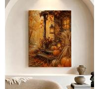 Tela artistica da parete rustica autunnale con portico e zucche, 30 x 40 cm | Paesaggio rustico del portico, immagini della parete, decorazione della lanterna incandescente, immagini a tema raccolto