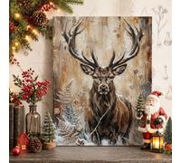 Tela artistica da parete rustica con cervo, foresta invernale, 40,6 x 50, | Tema rustico del bosco, arte su tela, opere d'arte ispirate alla natura, dettagli con motivi a pennello testurizzato