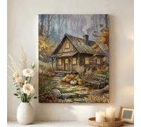 Tela artistica da parete rustica in stile autunnale, 40,6 x 50,8 cm | Paesaggio rustico della foresta, arte della tela, scena del raccolto delle zucche, pittura ad acquerello