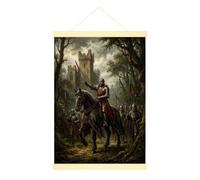 Tela artistica da parete vintage con castello dei cavalieri medievali | Sfondo di castello fortezza, poster con gancio, guerriero equestre, esercito storico, pittura a olio vintage