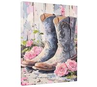 Tela da parete - Stampa su tela di stivali da cowboy a fiori primaverili, stivali vintage blu e bianchi, decorazione rustica per soggiorno, camera da letto, giardino, senza cornice