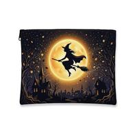 Tela da strega con cerniera, fantasiosa scopa con luna spettrale per Halloween, in tela nera con cerniera, piccola borsa per la cura della pelle per viaggi, borsa, bagno, toeletta e conservazione