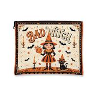 Tela da strega con cerniera, fantasiosa zucche festive, gatto, Halloween, arancione, portatile, con cerniera, piccola borsa per la cura della pelle per viaggi, borsa, bagno, toeletta e conservazione