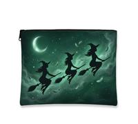 Tela da strega con cerniera, per Halloween, con manico di scopa mistica, luna crescente, Halloween, verde scuro, con cerniera, piccola borsa per il trucco per viaggi, bagno, organizer e borsa, verde