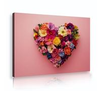 Tela floreale d'amore Illustrazione murale per dormitorio per adolescenti, bouquet di rose e margherite che formano una forma di cuore, decorazione murale romantica e colorata Telaio interno 60x80cm
