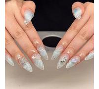 TELAIN 24 pezzi con stelle bianche, pronte sulle unghie, unghie finte, tinta bianca, da incollare, riutilizzabili, lucide, unghie acriliche