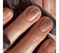 TELAIN 24 unghie glitterate press-on, oro lucido, forma quadrata corta, colla gel, glitter, design a gradiente, per manicure, unghie finte in acrilico