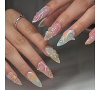 TELAIN 3D Blüten Press-On Nails, unghie finte mandorla medie con design Ombre, farfalle 3D e perle, unghie acriliche lucide a copertura completa, Stick-On unghie per manicure femminile, 24 pezzi