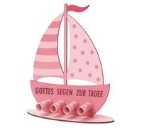 TELAIN Regalo Battesimo Bambini - Barca in Legno con Base, Blu, Tanti Auguri per il Battesimo, Ideale per Regali di Denaro（Rosa）