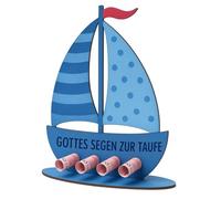 TELAIN Regalo per Battesimo Ragazzi & Ragazze - Barca in Legno con Base, Blu, Con Affetto per il Battesimo, Ideale per Regali in Denaro