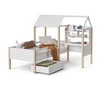 Telaio del letto con tavolo da lavoro integrato, sistema di scaffalatura, design del tetto, barre in legno, griglia di protezione, guide dei cassetti, forma angolare salvaspazio, struttura funzionale