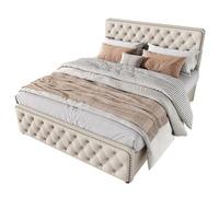 Telaio in lino con testa e pediera trapuntati a forma di rombo, schienale regolabile in altezza, struttura robusta in metallo e legno, cassetti integrati (beige, 140 x 190 cm)