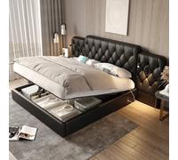 Telaio letto 160 x 200 cm, con testiera lunga, materiale in velluto alla moda, stile letto europeo, più porte USB, lampada da scrivania, sistema idraulico, spazio extra grande nella parte inferiore