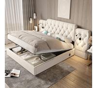 Telaio letto 160 x 200 cm, con testiera lunga, materiale in velluto alla moda, stile letto europeo, più porte USB, lampada da scrivania, sistema idraulico, spazio extra grande nella parte inferiore