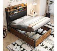Telaio letto 90 x 200 con meccanismo di sollevamento idraulico, USB, testiera imbottita, design retrò in legno e metallo, strato di stoccaggio nascosto, letto singolo, moderno per camera da letto
