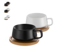 TELANKS Set da 2 pezzi di tazze da cappuccino con piattini, tazze da caffè in ceramica da 320 ml, grandi tazze da cappuccino per gli amanti del caffè, cappuccino, latte, americano e tè, Bianco+Nero