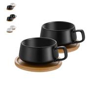 TELANKS Set da 2 pezzi di tazze da cappuccino con piattini, tazze da caffè in ceramica da 320 ml, grandi tazze da cappuccino per gli amanti del caffè, cappuccino, latte, americano e tè, Nero