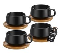 TELANKS Set da 4 pezzi di tazze da cappuccino con piattini, tazze da caffè in ceramica da 320 ml, grandi tazze da cappuccino per gli amanti del caffè, cappuccino, latte, americano e tè, Nero