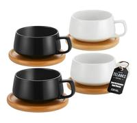 TELANKS Set da 4 pezzi di tazze da cappuccino con piattini, tazze da caffè in ceramica da 320 ml, grandi tazze da cappuccino per gli amanti del caffè, cappuccino, latte, americano e tè, Bianco+Nero