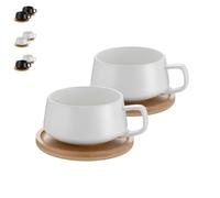 TELANKS Set di 2 tazze da cappuccino con piattino, 300 ml, in gres porcellanato, per tè, caffè, cappuccino, tazza da caffè con disco di legno, bianco