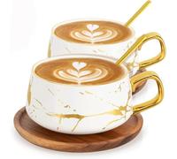 TELANKS - Set di due tazze e due piattini, in porcellana, per case e locali, 300 ml, bianco