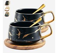 TELANKS - Set di due tazze e due piattini, in porcellana, per case e locali, 300 ml, nero