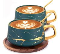 TELANKS - Set di due tazze e due piattini, in porcellana, per case e locali, 300 ml, verde