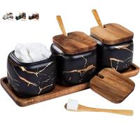 TELANKS Set Zuccheriera in Ceramica, 3 pz Condimento Box con Coperchio e Cucchiaio e Vassoio, Spezia Jar Cucina Scatola Barattolo di Spezie, Utensili da Cucina Forniture per Spezie, Nero