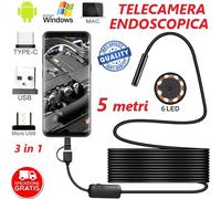 TELECAMERA ENDOSCOPICA 3 IN 1 SONDA ISPEZIONE 5 METRI USB TYPE C 6 LED 7mm IP67