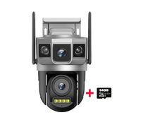 Telecamera WI-FI Esterno, Telecamera IP WiFi 4MP 6K Doppio Obiettivo Triplo Schermo Smart Network Wireless Monitor Protezione di Sicurezza CCTV Telecamere Domestiche(64GB Card)