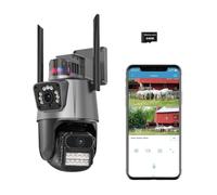 Telecamera WiFi Esterno con Doppia Lente di Sicurezza Esterno, WiFi 360° PTZ Videocamera Sorveglianza Esterno con Scheda TF 64 GB con Visione Notturna Rilevamento Umano Allarme Sonoro Luminoso IP66