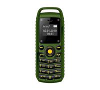 Telefono cellulare dual SIM BM25 verde con tastiera e auricolare con gancio per l'orecchio.