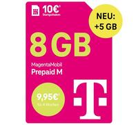 Telekom MagentaMobil Prepagd M con 8 GB di volume ad alta velocità I Surf con 5G / LTE Max & Allnet Flat (Min, SMS) in tutte le reti e i dati I Basic Roaming & Hotspot Flat I 10 EUR di credito