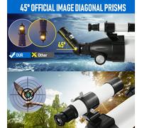 Telescopi 1. Elevato ingrandimento fino a 675x per osservazioni dettagliateQuesto kit per telescopio include tre oculari (20 mm/45x, 10 mm/90x, 4 mm/225x) e una lente di Barlow 3x, che porta l'ingrand