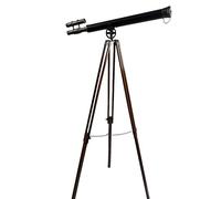 Telescopio montato in ottone e pelle con ingrandimento 10x su supporto regolabile in legno con raccordi in ottone (RS-8825)