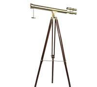 Telescopio montato in ottone e pelle con ingrandimento 10x su supporto regolabile in legno con raccordi in ottone (RS-8023)