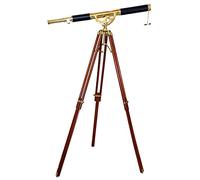 Telescopio nautico in stile vintage con tubo rivestito in pelle nera, finitura in ottone lucido, treppiede da pavimento in legno marrone Master Sky Watcher.
