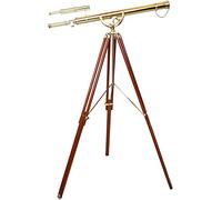 Telescopio vintage con finitura in ottone lucido e treppiede marrone, per osservatore del cielo