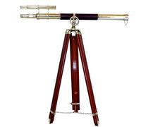Telescopio vintage con finitura lucida antica metà nera tubo rivestito in pelle nautica marrone da pavimento treppiede da pavimento in legno per la decorazione di casa e ufficio.