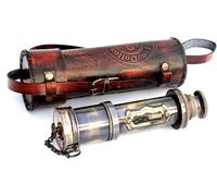 Telescopio vintage Londra 1920 in ottone con custodia in pelle, vetro antico marittimo, supporto per il trasporto in rilievo marrone, pezzo decorativo da collezione nautica