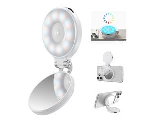 TELESIN Luce ad anello magnetico RGB 4 in 1 migliorata con specchio e supporto per cellulare, luce ricaricabile clip on portatile per iPhone, Samsung, TikTok, vlogging, trucco, fotografia,