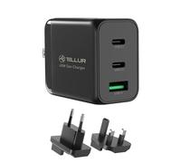 Tellur GaN 65W GaN - Caricatore da parete per iPhone, 2 x USB C + USB-A, ricarica super veloce per MacBook, caricatore da viaggio EU, UK, US