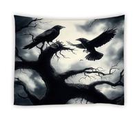 Telo Da Parete Black Halloween Crow On Branch Horror Misty Black Tree Spooky Gothic Theme Animal Estetica Arazzo Soffitto Arte Per Soggiorno Libreria M