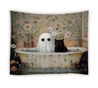 Telo Da Parete Halloween Funny Ghost And Cat Black In Bathtub Bubbles Flower Leaves Cute Cartoon Kitten Horror Gothic Estetica Tapestry Soffitto Arte Per Soggiorno Libreria M