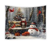 Telo Da Parete Merry Christmas Cute Cat On Bench Snowman Snow Xmas Pine Trees Red Bird Snowflake Winter Holiday Soffitto Arte Arazzi Estetica Per Dormitorio Soggiorno S