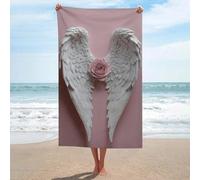 Telo mare bianco con ali d'angelo piumate con rosa rosa, asciugamano da spiaggia in microfibra senza sabbia, grandi asciugamani da doccia multiuso assorbente per bagno piscina 130 x 80 cm