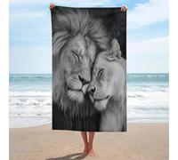 Telo mare bianco e nero con leone e leonessa, in microfibra, senza sabbia, grande, multiuso, assorbente, per bagno e piscina, 130 x 80 cm