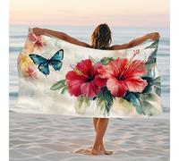 Telo mare con ibisco tropicale e farfalla, extra large, colorato, arte floreale, ad asciugatura rapida, assorbente, senza sabbia, leggera, per vacanze, piscina, palestra, 152 x 79 cm