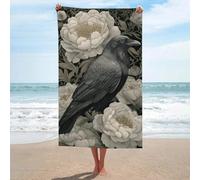 Telo mare grigio scuro con corvo e peonie bianche in microfibra senza sabbia, grandi asciugamani da doccia multiuso assorbente per bagno piscina 130 x 80 cm