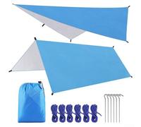 Telone mimetico multifunzionale, 300 x 300 cm, rivestito in argento, impermeabile, per campeggio, spiaggia, escursionismo, riparo leggero per esterni con paletti (blu)